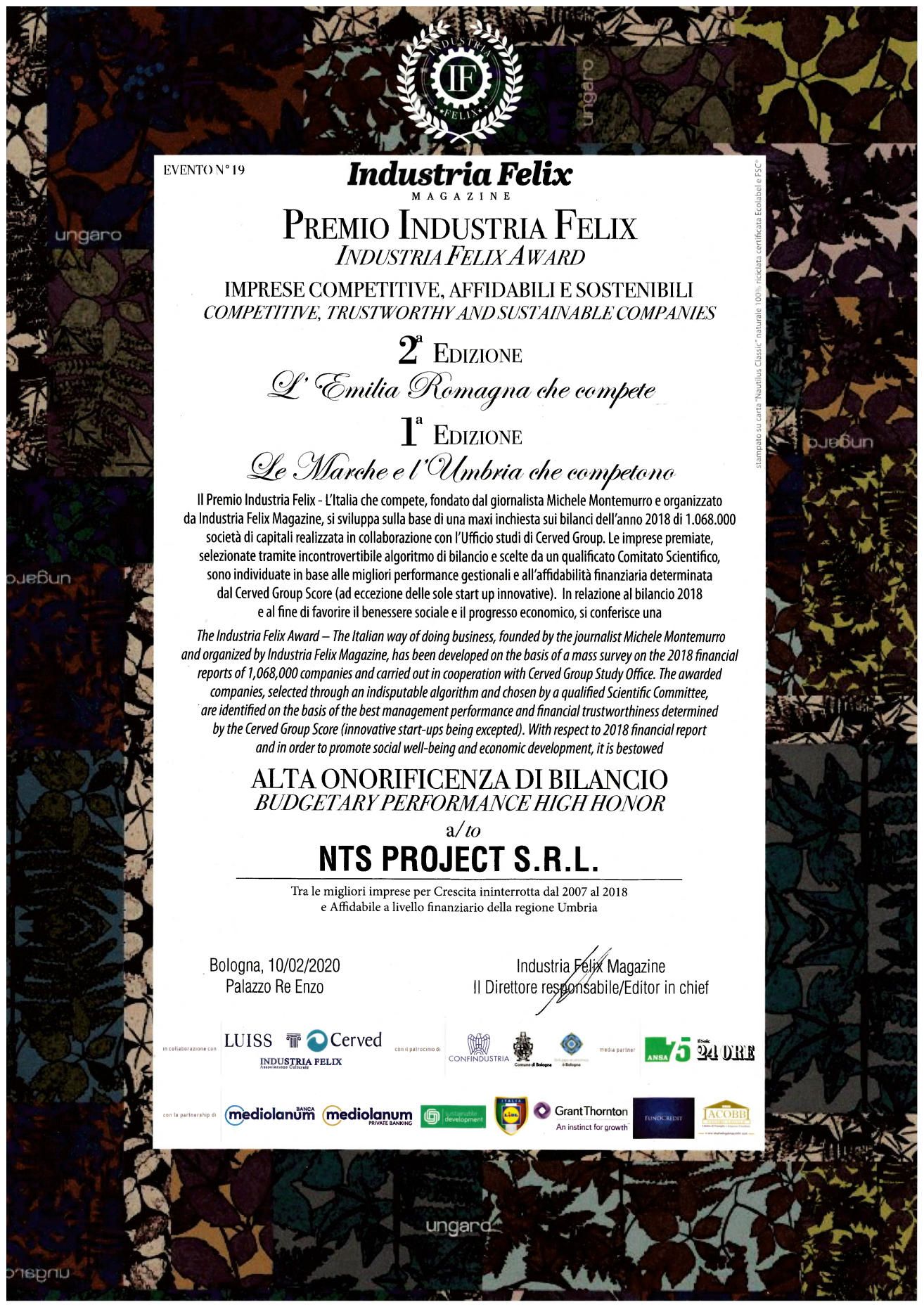 Premio Industria Felix 2020 a NTS Project